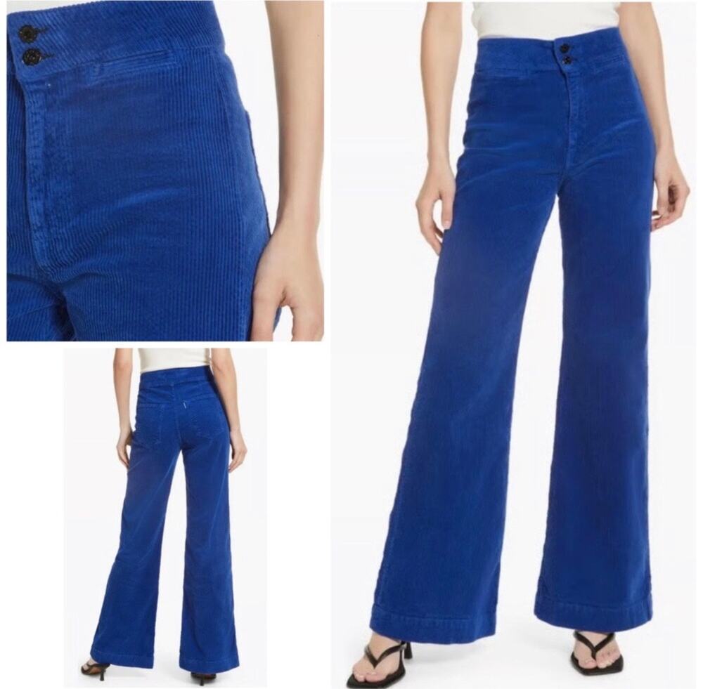 ASKK NY Brighton Wide Leg Corduroy Pants Jeans in Blue Size 26